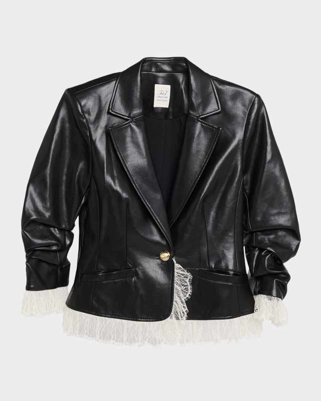 Lace-Trim Vegan Leather Blazer